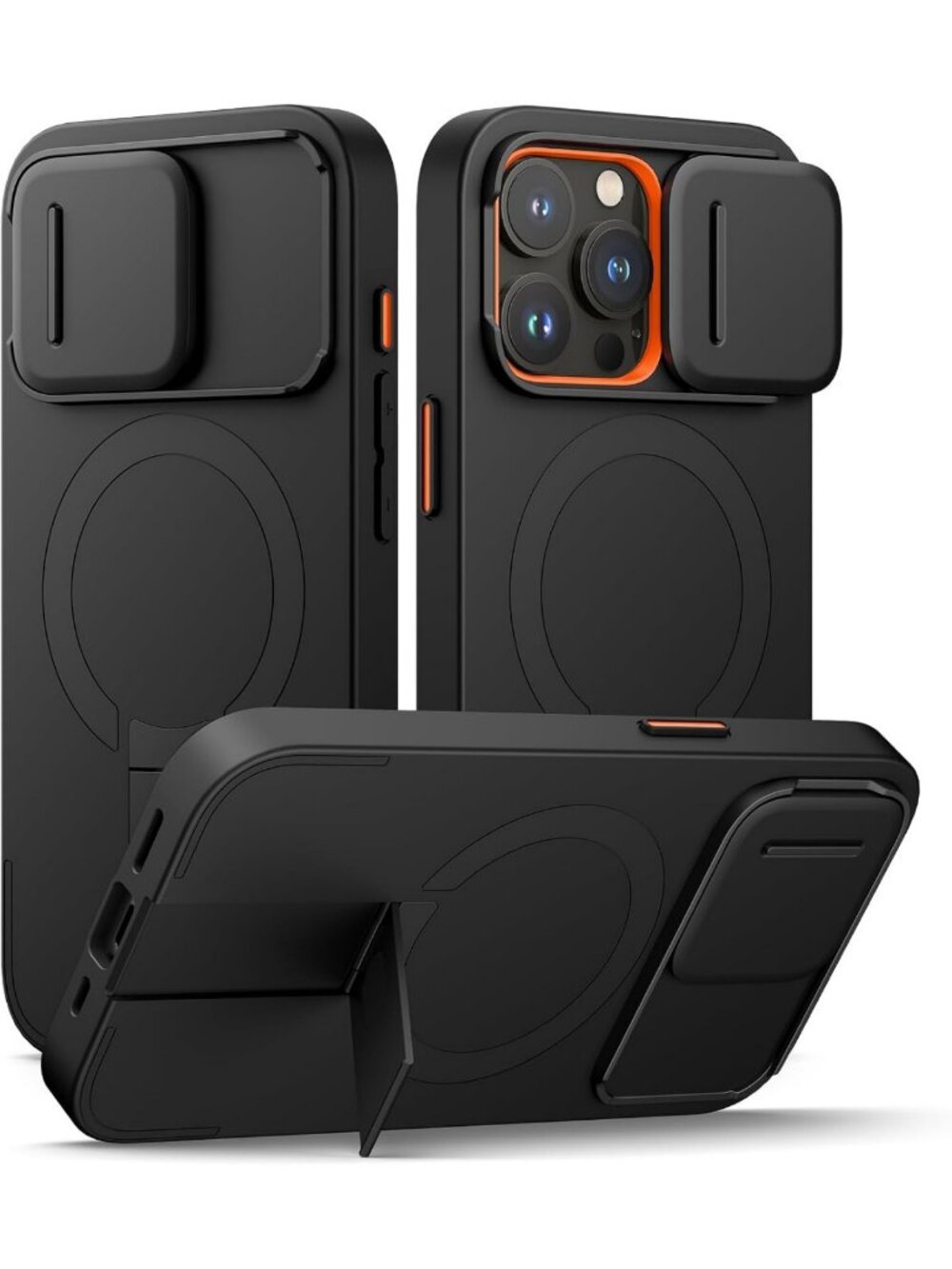 Slim Black iPhone 15 Pro Case with Magnetic Camera Cover & Kickstand, Shockproof